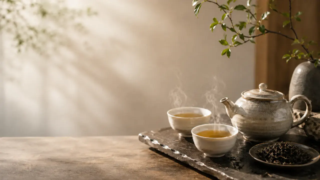Steaming teapot, cups, and loose tea in soft morning light